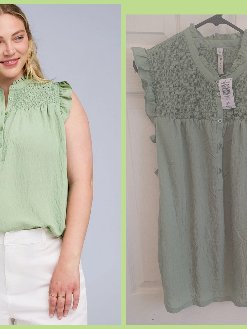 torrid Light Green Smocked Ruffle Sleeve Tank